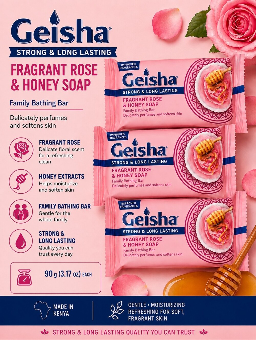 Geisha Fragrant Rose & Honey Soap Bars - Pink (3 Bars) Made in Kenya
